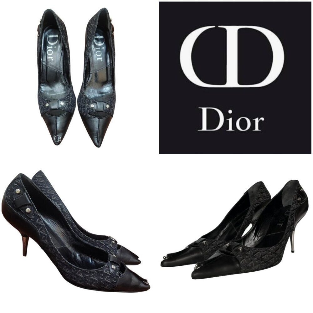 Christian Dior Monogram Heels 36 Black Logo Canvas Leather Pointed Toe Pumps